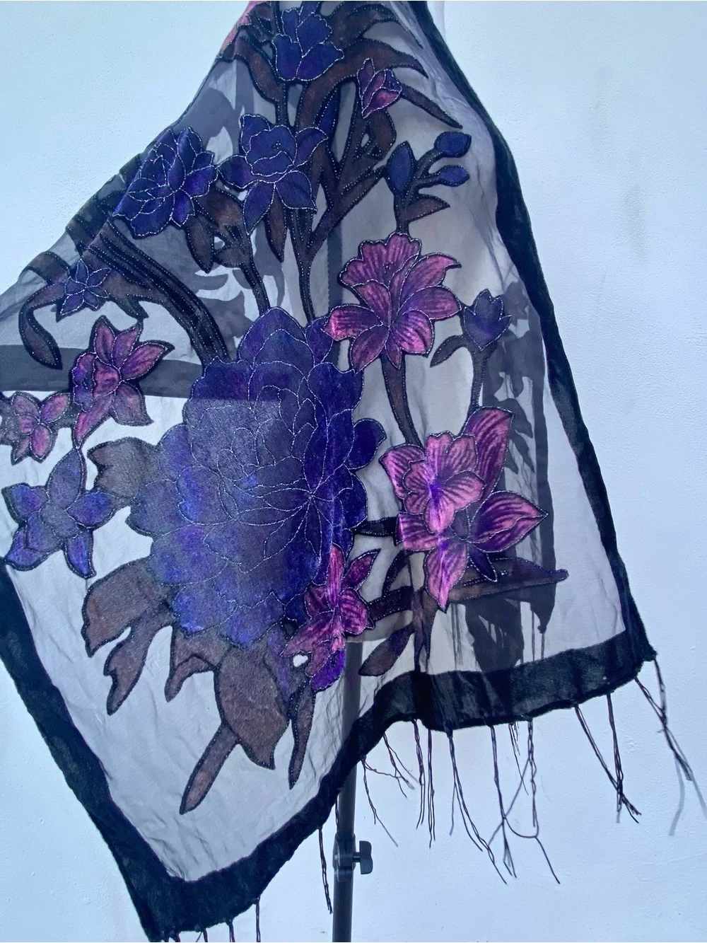 Y2K Black & Purple Multicolor Floral Velvet Fringe Scarf